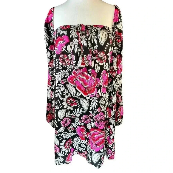 Billabong Spring Warrior Black Floral‎ Print Long Sleeve Shift Dress Medium - Picture 2 of 6